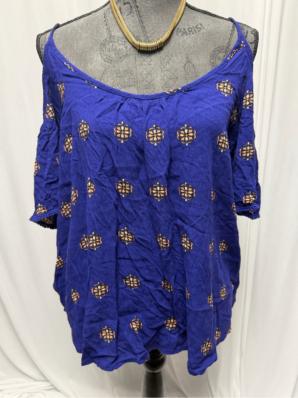Mossimo Womens Shirt Size XXL XX Large Cold Shoulder Boho Cottage Beach Blue